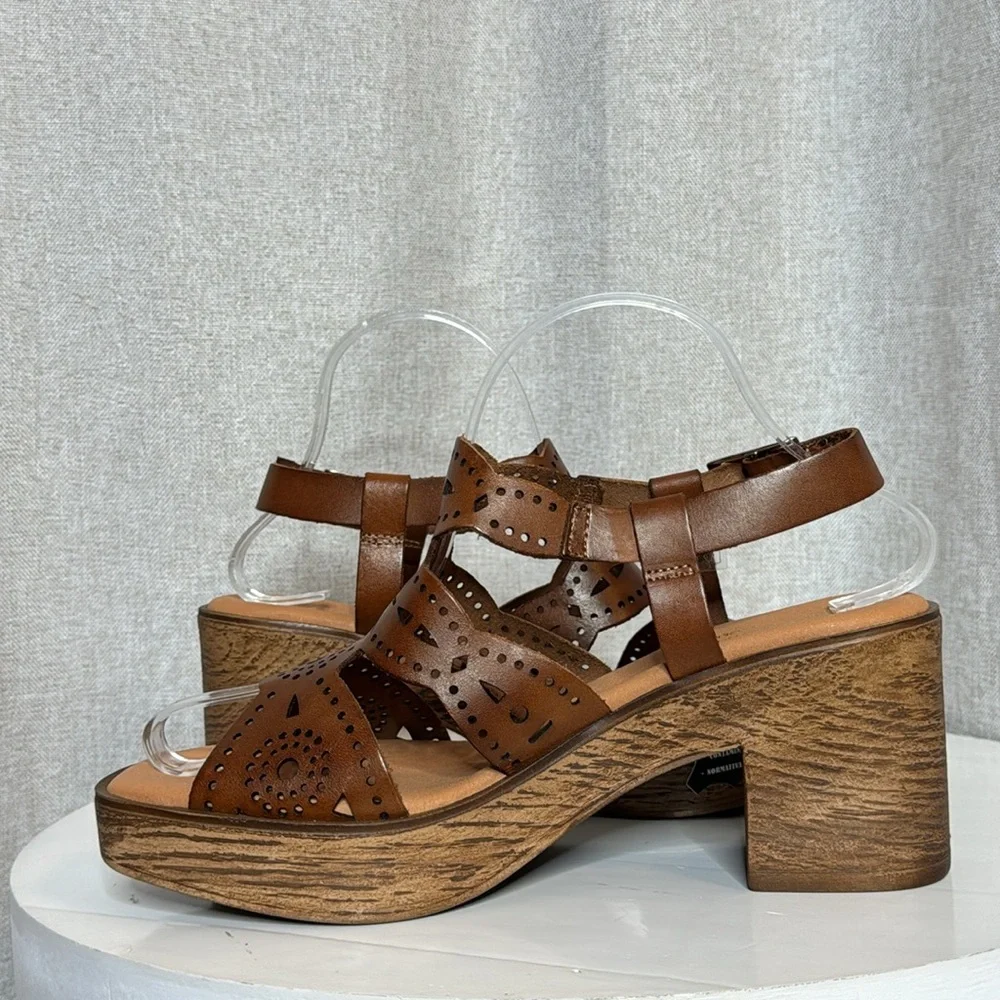 ERIC MICHAEL WHITNEY  COGNAC LEATHER LASER CUT PLATFORM BOHO SANDALS NIB EU 40
